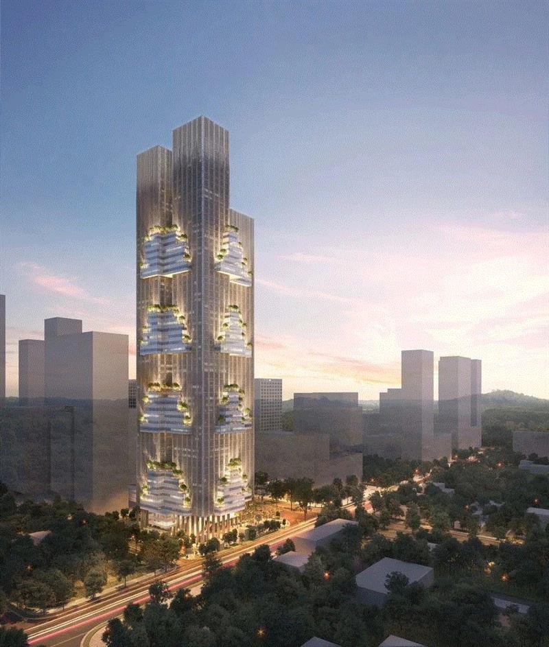 效果图,深圳万科云城办公楼封顶！WOHA设计‘微型垂直城市’回应亚热带气候,深圳,WOHA,办公楼,万科云城,垂直城市,亚热带,气候,景观,建筑,塔楼