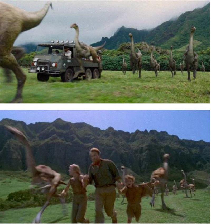 JW中的小男孩为了躲避D-Rex 进入一幢废弃建筑，从建筑内部结构、地面骨骼残骸、掉落在地上的横幅、