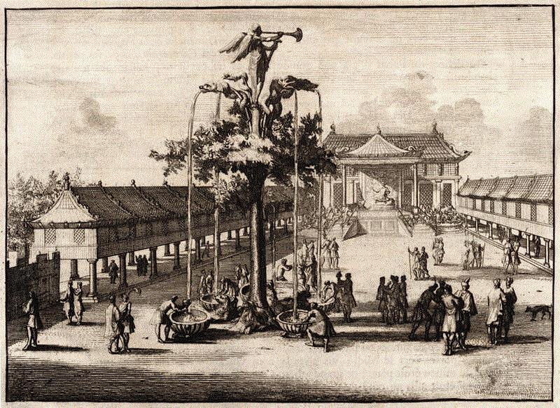 皮埃尔·德·伯格的《亚洲主要行记》（1735年）描述的蒙哥可汗的喷泉。,可汗的奇幻饮酒喷泉,可汗,喷泉,蒙古,威廉,纪尧姆,蒙哥,酒水,天使,修士,蒙古人