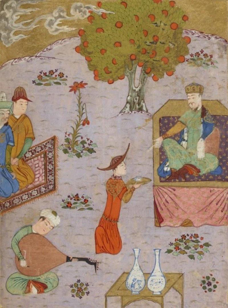 志费尼《世界征服者史》（1438年）中的插画，贵由可汗（蒙哥可汗的堂哥）设宴。,可汗的奇幻饮酒喷泉,可汗,喷泉,蒙古,威廉,纪尧姆,蒙哥,酒水,天使,修士,蒙古人