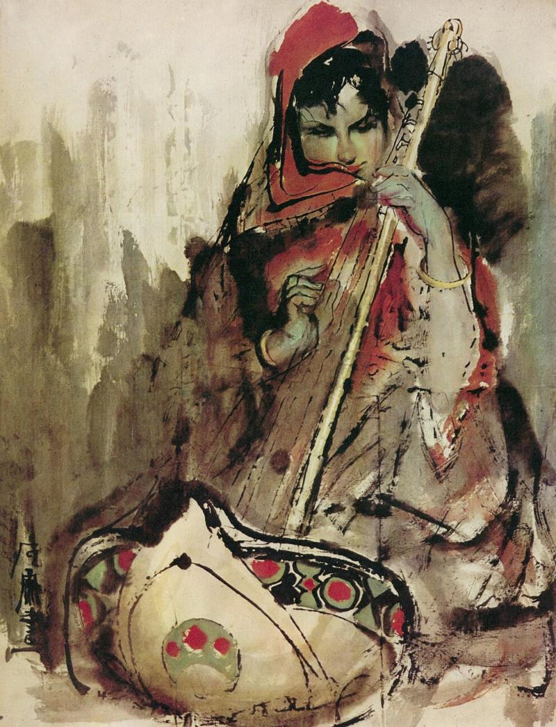 ▲石虎 《抚琴》,黑色的眼睛｜再读石虎《非洲写生》画册,石虎,非洲,画册,黑色,石呈虎,笔墨,少女,记忆,当年,思潮