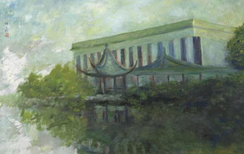 颜文樑《沧浪夏夜》油画 纸板 34x51cm 1985 苏州美术馆藏,苏 醒——在《意象江南》展中遇见江南,江南,意象江南,油画,刘海粟美术馆,刘海粟,徐悲鸿,徐志摩,颜文樑,鸿美术馆,塞尚