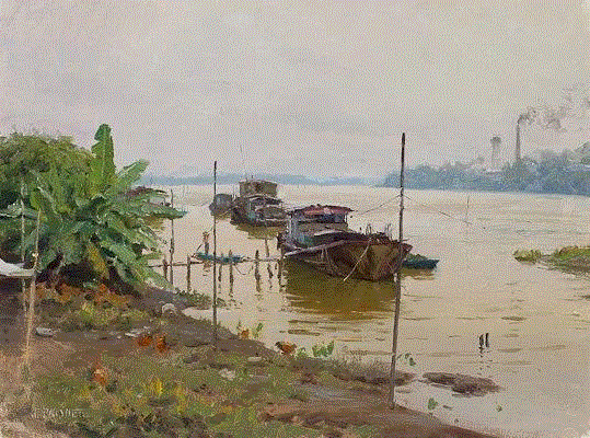 chickens-boats-and-industry-18x24,绘画丨美国画家笔下的中国风景油画,绘画,油画,Osborne,上方,右上,广东,开平,Paquet,纽约视觉艺术学院,后师