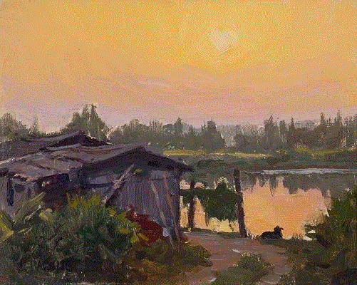 sunset-ancient-village-8x10,绘画丨美国画家笔下的中国风景油画,绘画,油画,Osborne,上方,右上,广东,开平,Paquet,纽约视觉艺术学院,后师