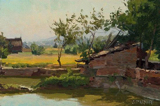 Village-Fish-Pond-8x12,绘画丨美国画家笔下的中国风景油画,绘画,油画,Osborne,上方,右上,广东,开平,Paquet,纽约视觉艺术学院,后师