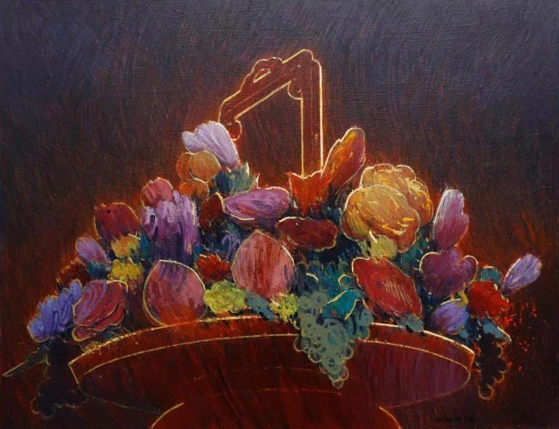 大花篮子（二），板面丙烯，42×58cm，2018,【艺术家】黄周妥：半生熟的绘画,黄周妥,绘画,半生,丙烯,色块,花篮,板面,什么样,景观,静物