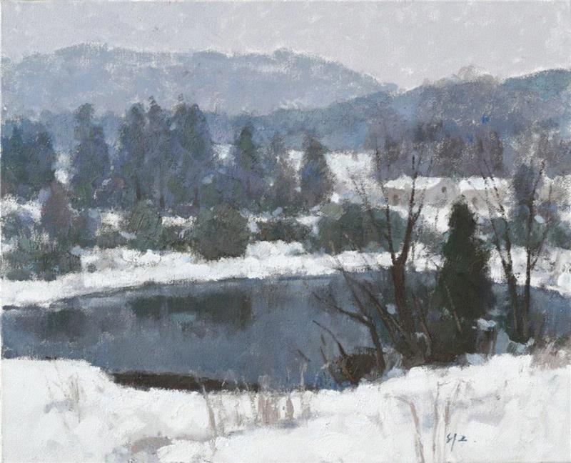 《池塘春雪》 53×65cm 布面油画 2014,【即将展出】色彩的品格——沈行工油画艺术展,油画,沈行工,品格,艺术展,静物,凤凰艺都美术馆,精神性,南京艺术学院,教授,色彩世界