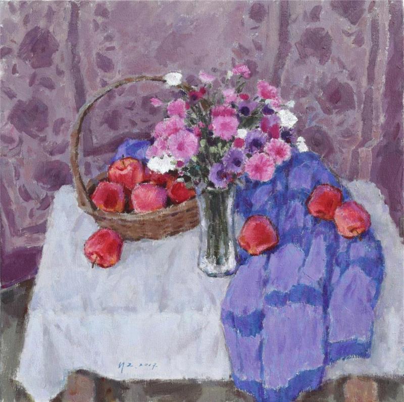  《花与菓2017.5》 76×76cm 布面油画 2017,【即将展出】色彩的品格——沈行工油画艺术展,油画,沈行工,品格,艺术展,静物,凤凰艺都美术馆,精神性,南京艺术学院,教授,色彩世界
