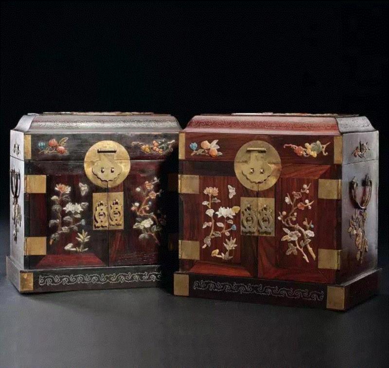 酸枝嵌玉石官皮箱（一对）,器物丨古人的收纳智慧，怎一个“精”字了得,古人,器物,香盒,皮箱,衣箱,木雕,镜匣,黄花梨,镜台,古代