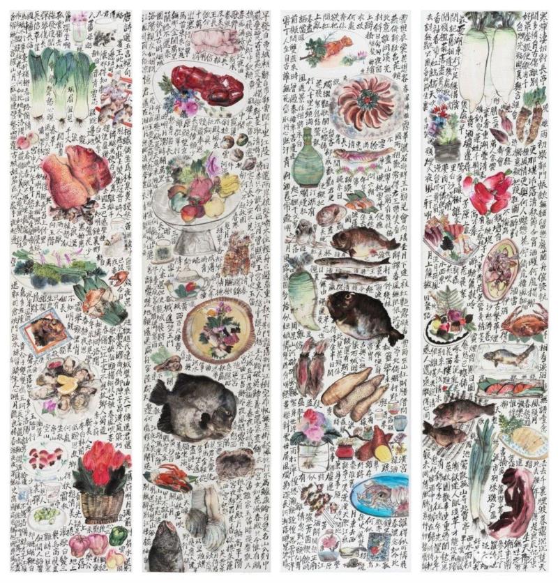 李津 《盛宴》 230×53cm×4 纸本设色 2018,hiart space | 来深圳，再享“盛宴”,space,盛宴,深圳,李津,美食,日本,水墨,纸本,海鲜,四条屏
