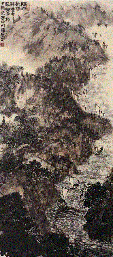 参考图：傅抱石《石涛诗意图》，约作于1941年,【嘉德春拍】山寺桃花 千帆竞发 ——傅抱石致乐曼雍《石涛诗意图》,千帆竞发,嘉德,傅抱石,乐曼雍,山寺桃花,石涛诗意图,石涛,重庆,杨公庶,苦瓜