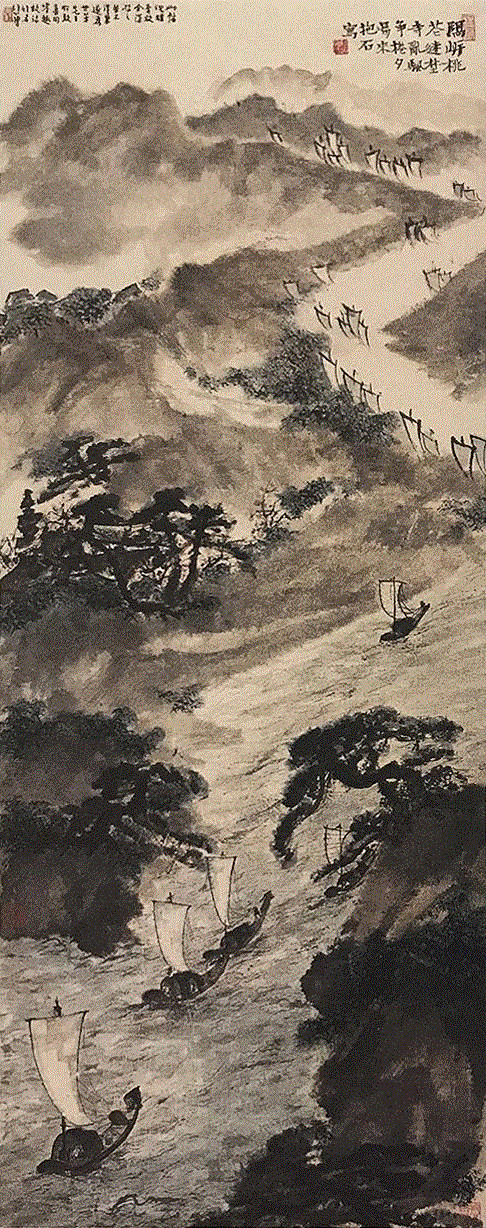 参考图：傅抱石《石涛诗意图》，约作于1941年,【嘉德春拍】山寺桃花 千帆竞发 ——傅抱石致乐曼雍《石涛诗意图》,千帆竞发,嘉德,傅抱石,乐曼雍,山寺桃花,石涛诗意图,石涛,重庆,杨公庶,苦瓜