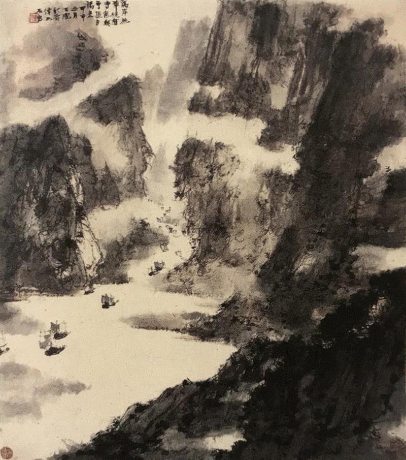 参考图：傅抱石《石涛诗意图》，作于1944年,【嘉德春拍】山寺桃花 千帆竞发 ——傅抱石致乐曼雍《石涛诗意图》,千帆竞发,嘉德,傅抱石,乐曼雍,山寺桃花,石涛诗意图,石涛,重庆,杨公庶,苦瓜