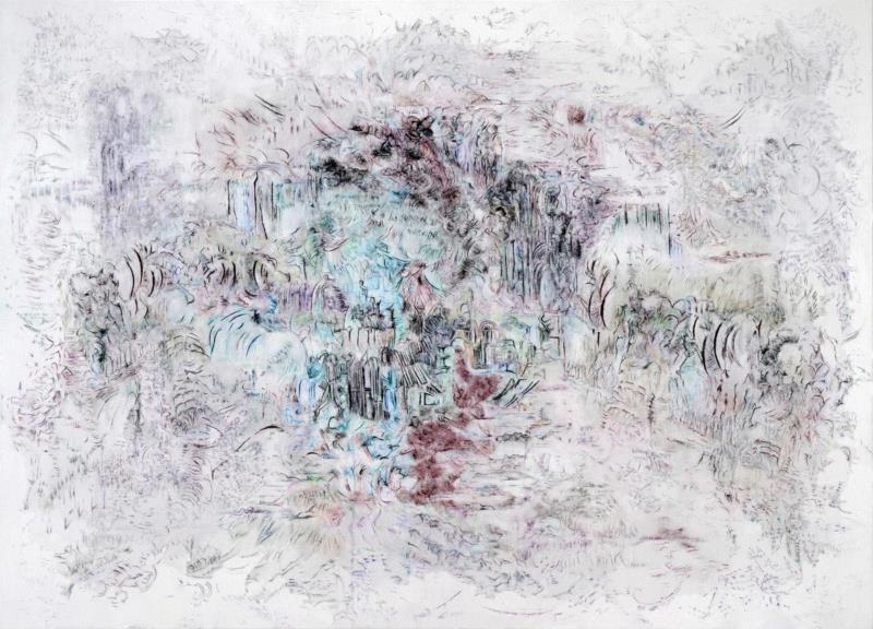 梁伟，细腻的弊端，2018，布面丙烯，水墨，水溶笔，130×180cm,魔金石空间 | 四月艺术活动,魔金石空间,展地,展期,布鲁斯,梁伟,姚清妹,材料,石头,刘野夫,林中