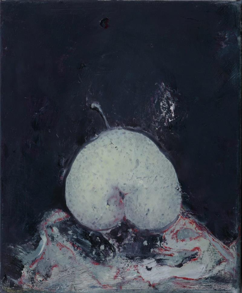 ▲方凯 梨子 布面油画 25×20cm 2019年,庆祝建国70周年系列展 | 江汉繁星计划（第六回）：天桥——交叉的经验,江汉,繁星计划,天桥,系列展,武汉美术馆,孙晓枫,水墨,美术馆,纸本,策展人