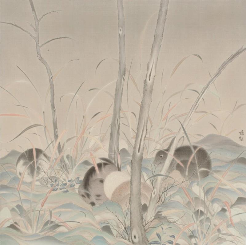 ▲刘少媛  兔 绢本设色  69×69cm 2018年,庆祝建国70周年系列展 | 江汉繁星计划（第六回）：天桥——交叉的经验,江汉,繁星计划,天桥,系列展,武汉美术馆,孙晓枫,水墨,美术馆,纸本,策展人