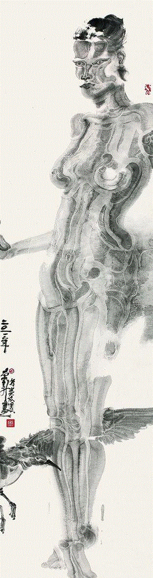 周京新  《羽人-1》   ,【明圆 · 展览】锋向：水墨新意象——2018当代水墨邀请展 | 周京新,水墨,意象,邀请展,周京新,明圆,羽人,宣纸,一单元,年头,上海明圆美术馆
