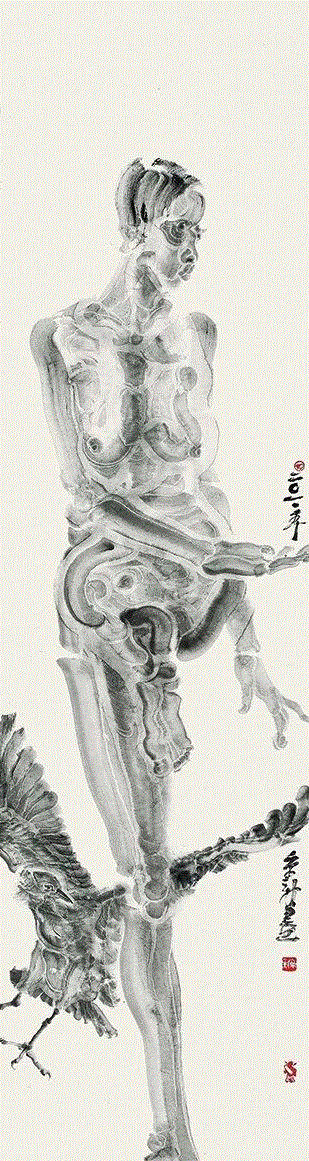 周京新  《羽人-3》   ,【明圆 · 展览】锋向：水墨新意象——2018当代水墨邀请展 | 周京新,水墨,意象,邀请展,周京新,明圆,羽人,宣纸,一单元,年头,上海明圆美术馆
