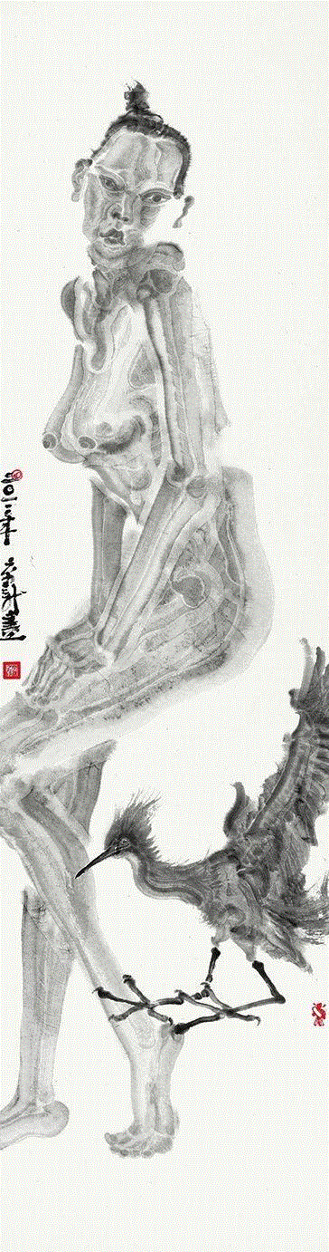 周京新  《羽人-4》   ,【明圆 · 展览】锋向：水墨新意象——2018当代水墨邀请展 | 周京新,水墨,意象,邀请展,周京新,明圆,羽人,宣纸,一单元,年头,上海明圆美术馆