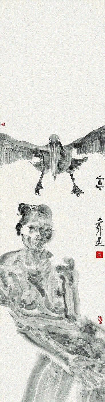 周京新  《羽人-7》   ,【明圆 · 展览】锋向：水墨新意象——2018当代水墨邀请展 | 周京新,水墨,意象,邀请展,周京新,明圆,羽人,宣纸,一单元,年头,上海明圆美术馆