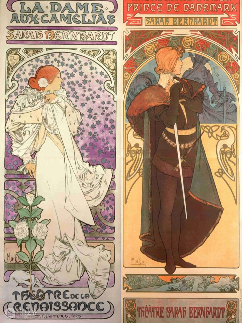 《茶花女》海报 彩色石版画 1896年（左）《哈姆雷特》海报（右） 彩色石版画 1899年,慕夏，除了美还有什么？,吉斯梦坦,明珠美术馆,慕夏基金会,慕夏,莎拉·伯恩哈特,海报,插画,装饰艺术,乔一
