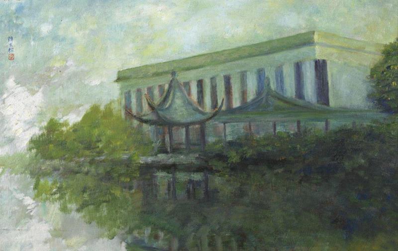 颜文樑《沧浪夏夜》油画 纸板 34x51cm 1985 苏州美术馆藏,【展讯】“意象江南：庆祝新中国成立七十周年艺术大展”在刘海粟美术馆开幕,展讯,刘海粟美术馆,江南,意象,油画,教授,苏州美术馆,开幕式,鸿美术馆,江苏