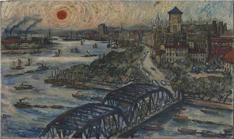刘海粟《外滩风光》油画 96.9x162.8cm 1964 （同一角度画外滩三幅作品联袂展