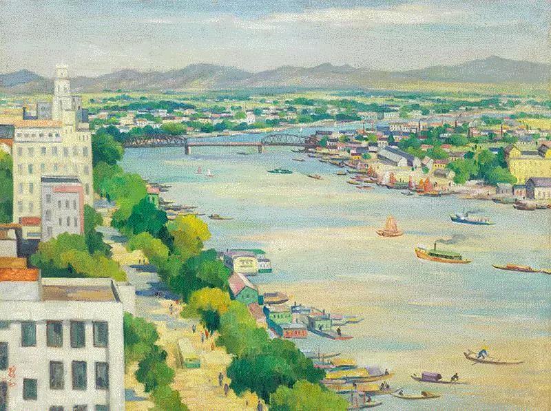 周碧初《俯瞰珠江》47.5x64.5cm 1961 鸿美术馆藏,【展讯】“意象江南：庆祝新中国成立七十周年艺术大展”在刘海粟美术馆开幕,展讯,刘海粟美术馆,江南,意象,油画,教授,苏州美术馆,开幕式,鸿美术馆,江苏