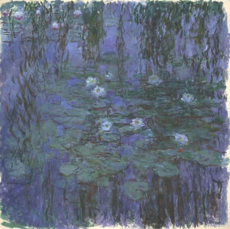 Blue Water Lilies，1916-1919 ,@RT U | 在莫奈的睡莲里，寻找春天的梦境,睡莲,莫奈,印象派,巴黎,美术馆,橘园美术馆,水面,池塘,睡莲池,蓝色