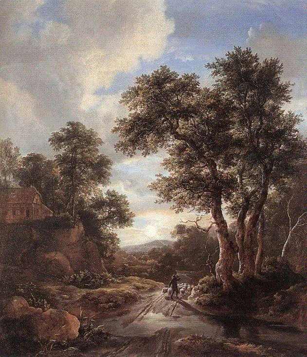 Sunrise in a Wood（1670-1682）,绘画丨17世纪荷兰著名画家雷斯达尔的优美风景画,荷兰,雷斯达尔,绘画,风景画,van,雅各布,林中,小屋,Wood,画风