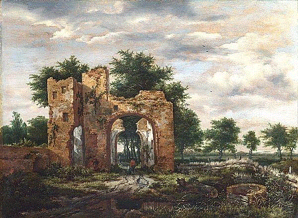 A Ruined Castle Gateway（National Gallery, London）,绘画丨17世纪荷兰著名画家雷斯达尔的优美风景画,荷兰,雷斯达尔,绘画,风景画,van,雅各布,林中,小屋,Wood,画风