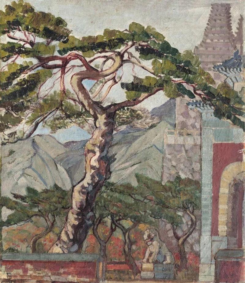 曾一橹《寺前古松》57.5×47cm 布面油彩 1945,从现代到当代,浪漫的巴黎对中国艺术的影响还留存多少?,巴黎,先驱,徐悲鸿,油彩,当年,常书鸿,林风眠,吕斯百,吴作人,刘海粟
