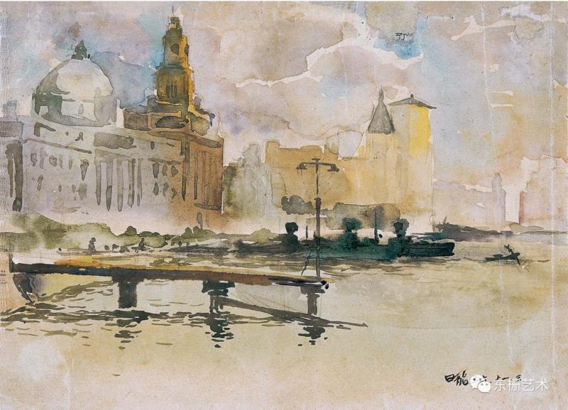 《上海外滩》&nbsp;&nbsp;水彩&nbsp; 1956年,【东栅艺术论坛】遇见胡曰龙老师 (修订版),胡曰龙,东栅,修订版,胡老师,油画,画室,美院,水彩,教授,艺风