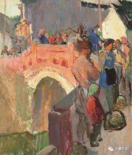 《桥头集市》&nbsp; &nbsp;39x45cm&nbsp; &nbsp;纸本水粉&nbsp; 