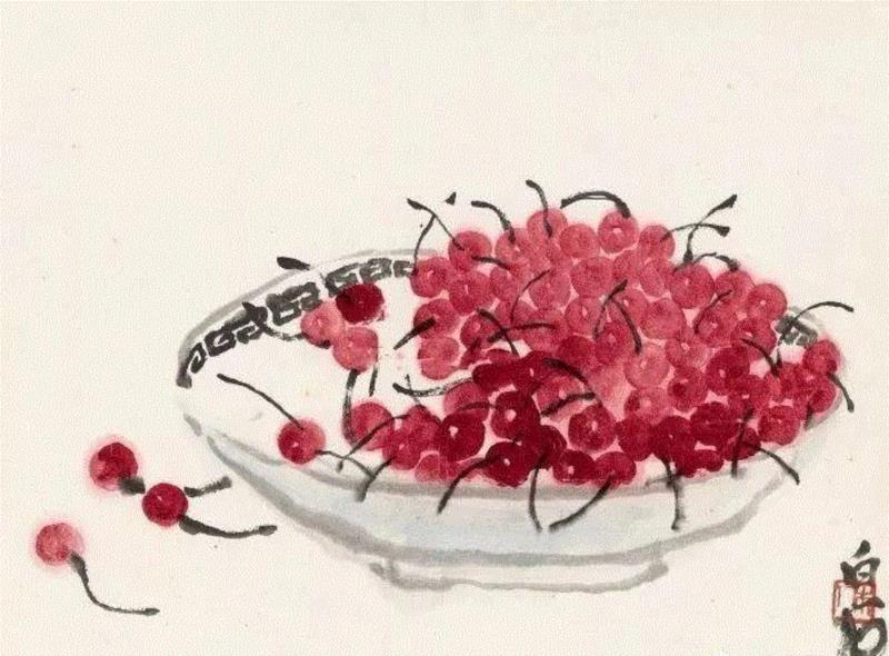 齐白石 红樱桃,齐白石的红樱桃,真绝!,齐白石,红樱桃,樱桃,女儿,口色,人口,上方,瓷盘,瞬间,颜色