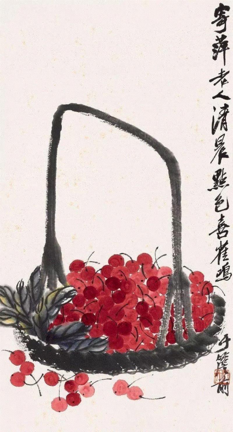 齐白石 红樱桃,齐白石的红樱桃,真绝!,齐白石,红樱桃,樱桃,女儿,口色,人口,上方,瓷盘,瞬间,颜色