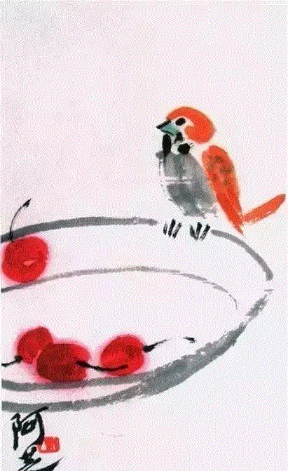 齐白石 樱桃小鸟,齐白石的红樱桃,真绝!,齐白石,红樱桃,樱桃,女儿,口色,人口,上方,瓷盘,瞬间,颜色
