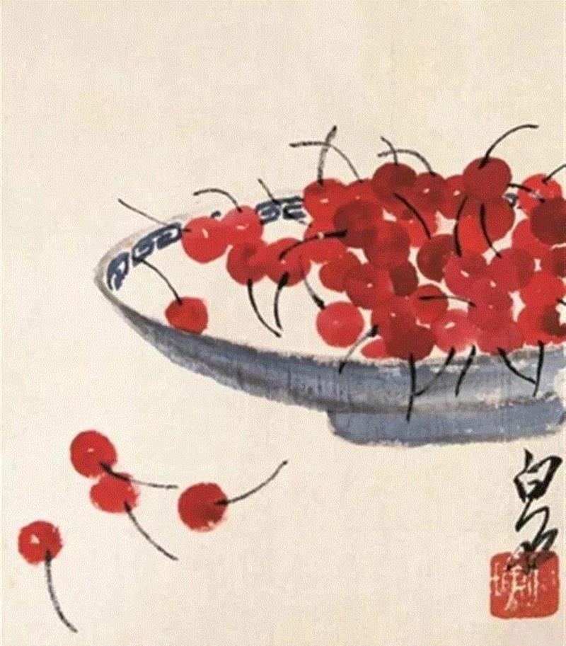 齐白石 红樱桃,齐白石的红樱桃,真绝!,齐白石,红樱桃,樱桃,女儿,口色,人口,上方,瓷盘,瞬间,颜色