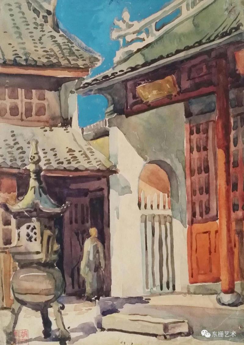 《提篮桥下海庙》&nbsp; 水彩&nbsp; 1951年,【东栅艺术论坛】遇见胡曰龙老师,胡曰龙,东栅,胡老师,油画,画室,美院,水彩,教授,艺风,南湖