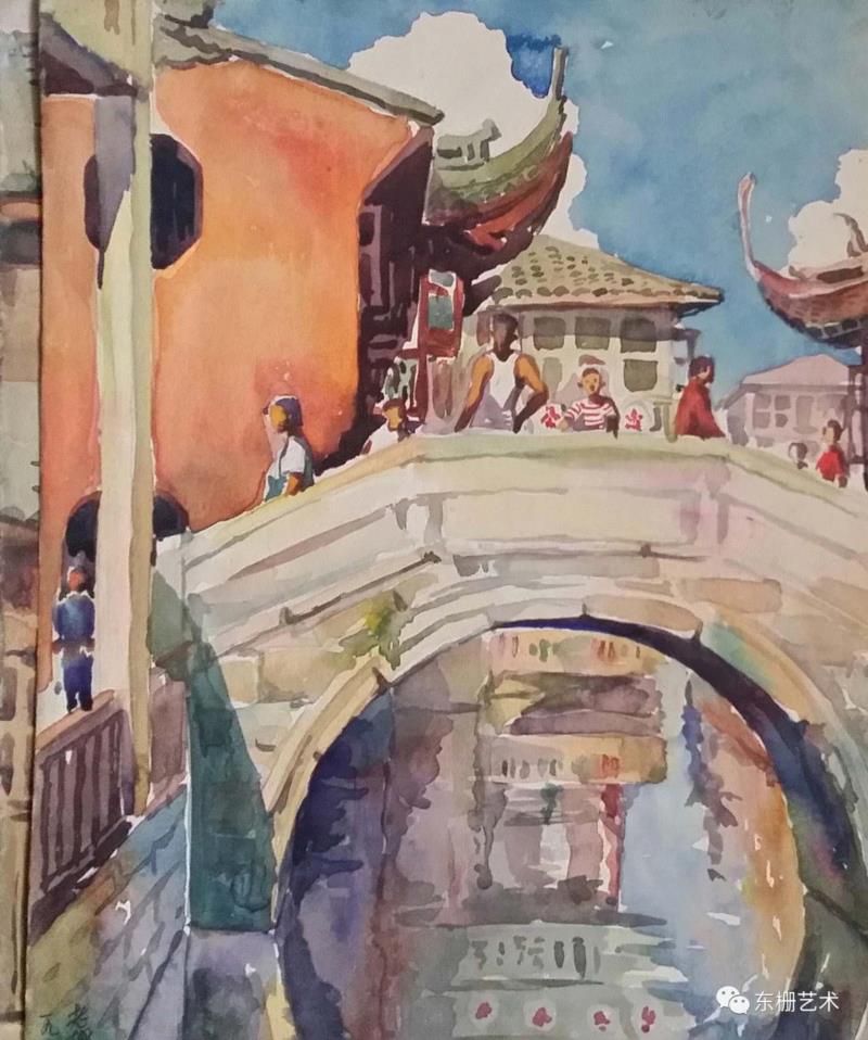 《城隍庙九曲桥》&nbsp;&nbsp;水彩&nbsp; 1951年,【东栅艺术论坛】遇见胡曰龙老师,胡曰龙,东栅,胡老师,油画,画室,美院,水彩,教授,艺风,南湖