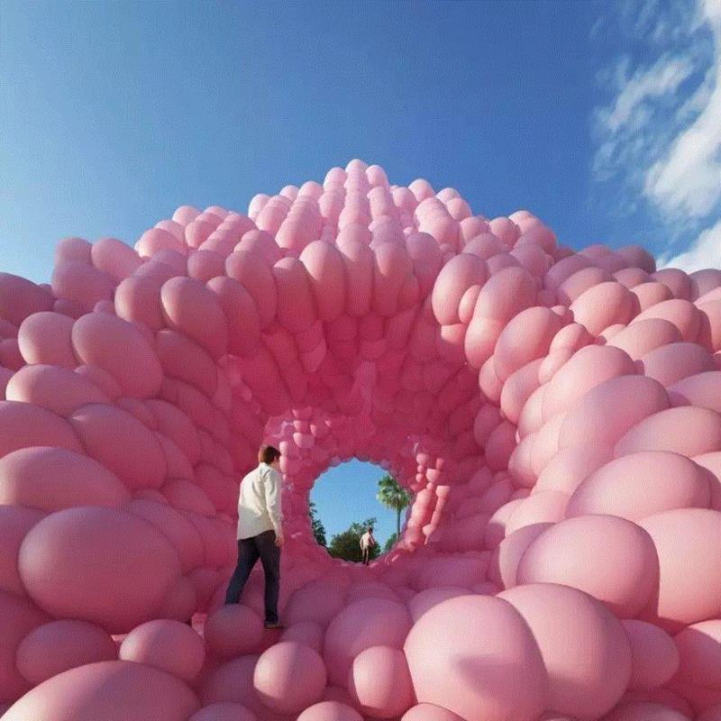 总部位于巴黎的公司town and concrete 设想了一个完全由泡泡糖粉气球组成的展馆,将其组