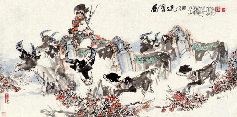 杜显清 风雪送奶图,【驰翰迎春】即颜真卿日本大展后，回归传统是世界文化的大趋势。,日本,驰翰迎春,大趋势,颜真卿,艺术品,2019迎春,杜显清,驰翰,设色纸本,萧建初