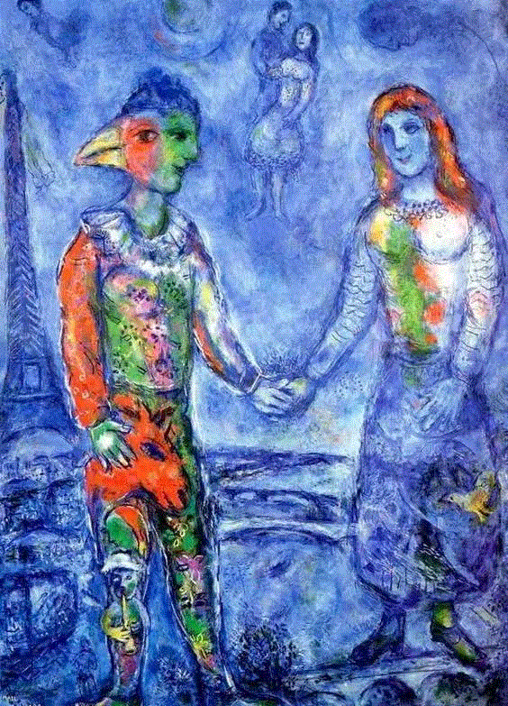 1948 Couple in Blue 蓝色的情侣,夏加尔｜我的画里，藏着深爱,夏加尔,贝拉,爱情,恋人,画中,生日,蓝色,花朵,故乡,意第绪语