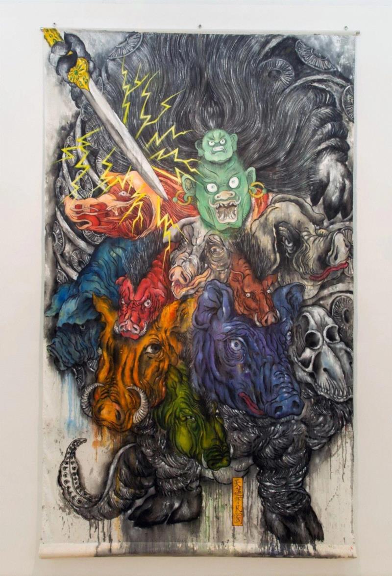 天蓬下凡图&nbsp; 2018 布面丙烯&nbsp;320×200cm,蜂巢评论｜论宇宙洪荒，及宅男爆炸的破坏力,蜂巢,宇宙,洪荒,宅男,破坏力,龚旭,深圳,材料,青年,丙烯