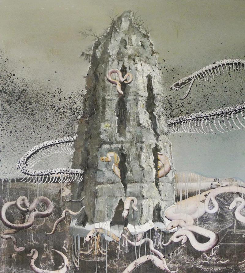 妖塔之三 2010 布面油画、丙烯、拼贴&nbsp;&nbsp;190×170cm,蜂巢评论｜论宇宙洪荒，及宅男爆炸的破坏力,蜂巢,宇宙,洪荒,宅男,破坏力,龚旭,深圳,材料,青年,丙烯