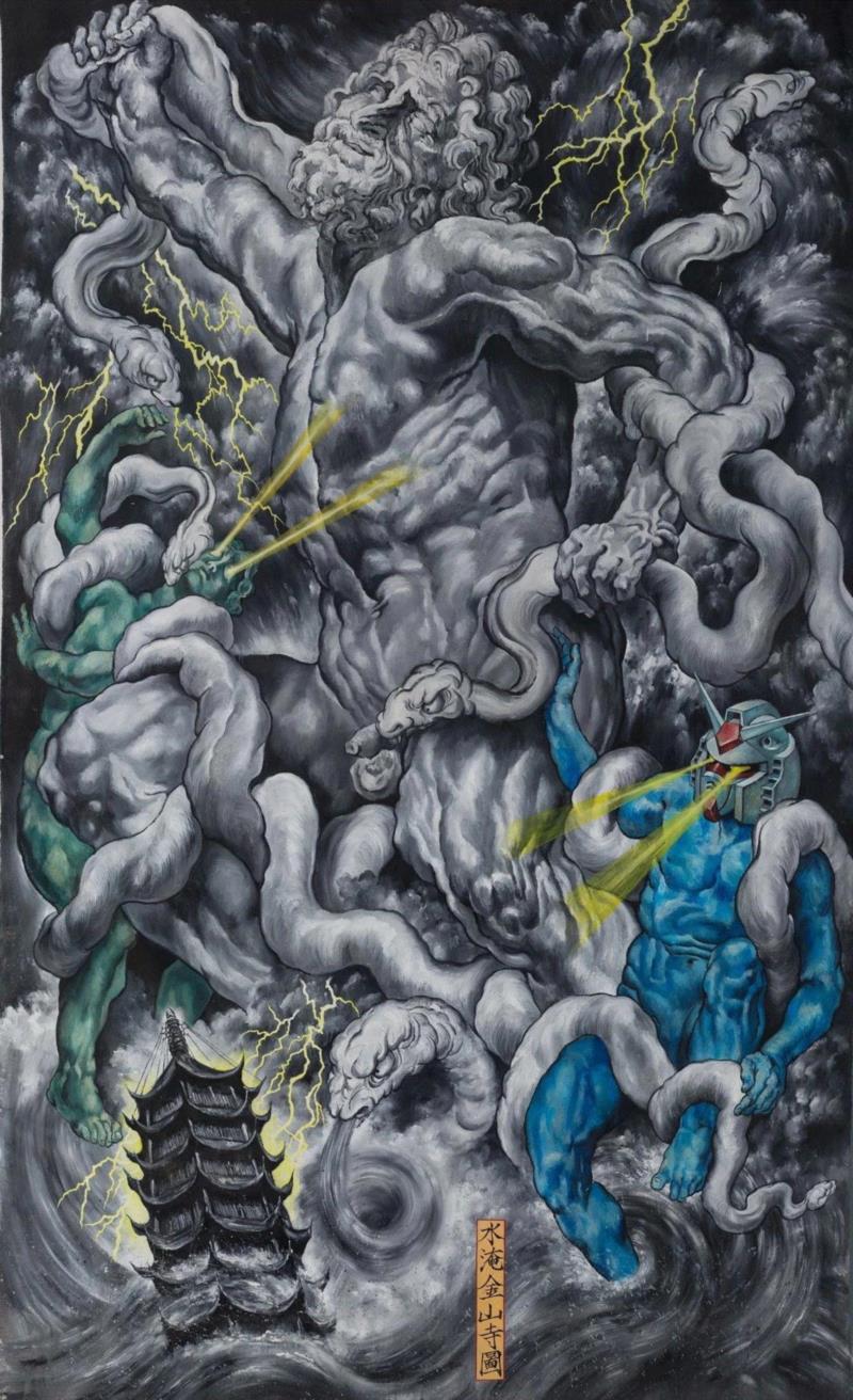 水淹金山寺图&nbsp; 2015&nbsp; 布面丙烯&nbsp; 320×200cm,蜂巢评论｜论宇宙洪荒，及宅男爆炸的破坏力,蜂巢,宇宙,洪荒,宅男,破坏力,龚旭,深圳,材料,青年,丙烯