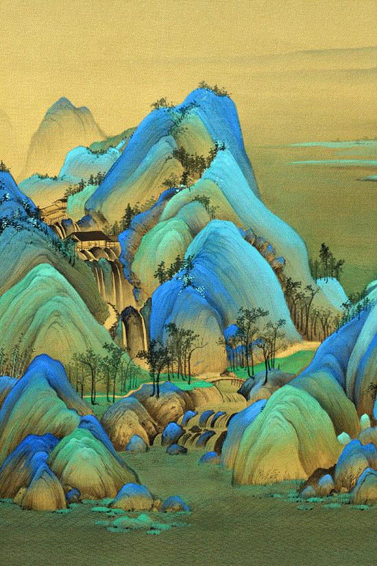 模拟还原当时完成画作时的颜色,在《千里江山图》中，我分明看见一位美少年,千里江山图,美少年,王希孟,山水画,颜色,石青,北宋,石绿,画中,长桥