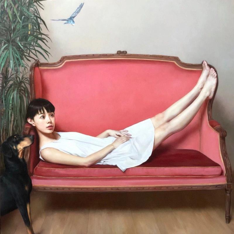 李贵君 《当幸福降临》 2018 布面油画 150×150cm,hiart space | 李贵君和他笔下的都市女孩,李贵君,space,都市女孩,油画,绘画,新古典主义,灵性,深圳,人物,符号