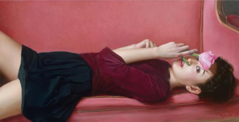 李贵君 《郁金香》 2018 布面油画 46x90cm,hiart space | 李贵君和他笔下的都市女孩,李贵君,space,都市女孩,油画,绘画,新古典主义,灵性,深圳,人物,符号