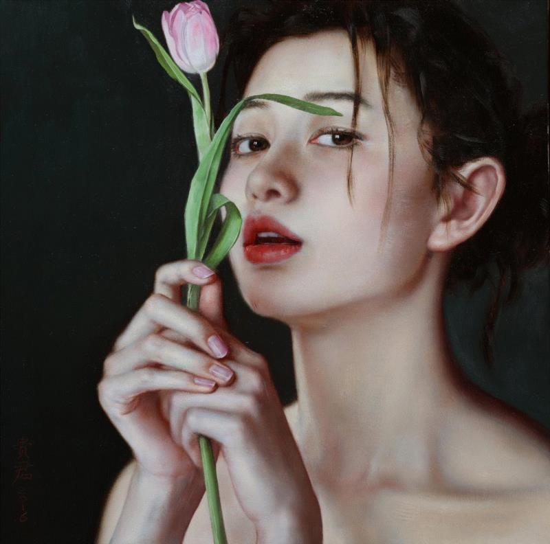 李贵君 《郁金香》 2016 布面油画 35x35cm,hiart space | 李贵君和他笔下的都市女孩,李贵君,space,都市女孩,油画,绘画,新古典主义,灵性,深圳,人物,符号